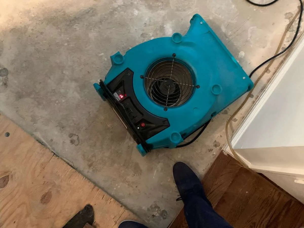 Air mover drying subfloor during Commercial Water Damage Restoration in Lackawaxen